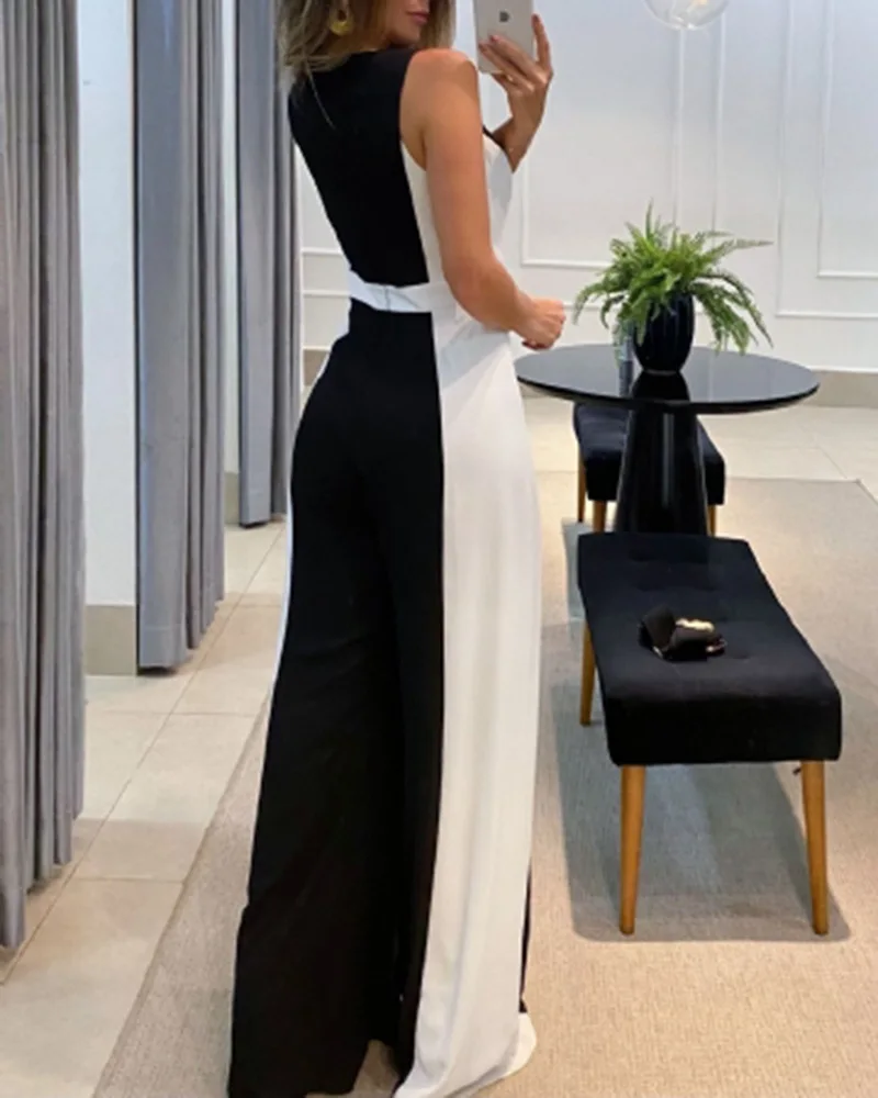 Сексуальный комбинезон Colorblo с высокой талией, длинные брюки с поясом, уличная смесь полиэстера, обычный тонкий с кетами