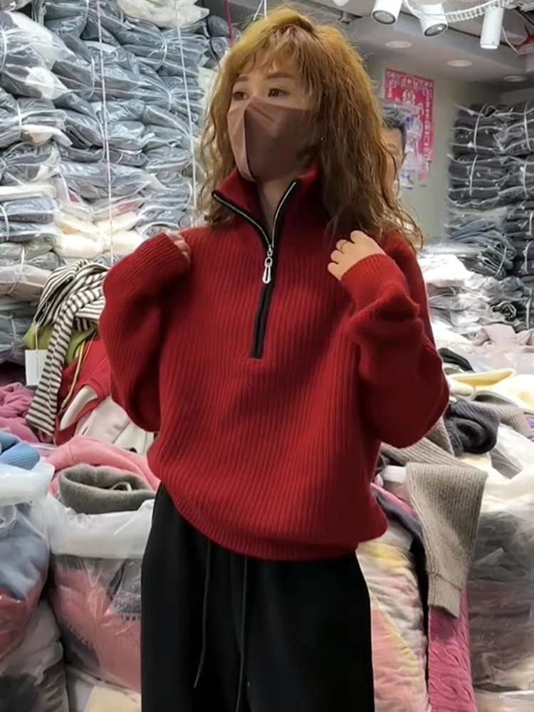 

Модный вязаный шерстяной свитер Camere Cisas, красный свитер Long Sve f на молнии, осень-зима, новый корейский ленивый свитер для похудения...