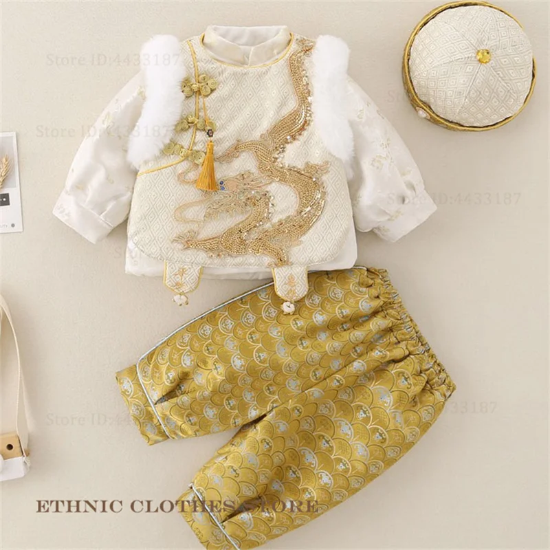 

Осенне-зимний детский костюм Тан с хлопковой подкладкой в китайском стиле, наряд на сто дней, новогодний костюм ханьфу, топ, брюки, комплект шляпы