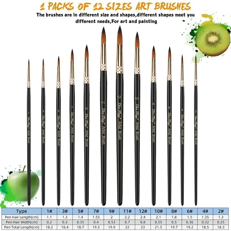 12pcs Professional Watercolor Paint Brushes Set Round Pointed Tip Nylon Hair Artist Acrylic Brush For Acrylic Watercolor Oil