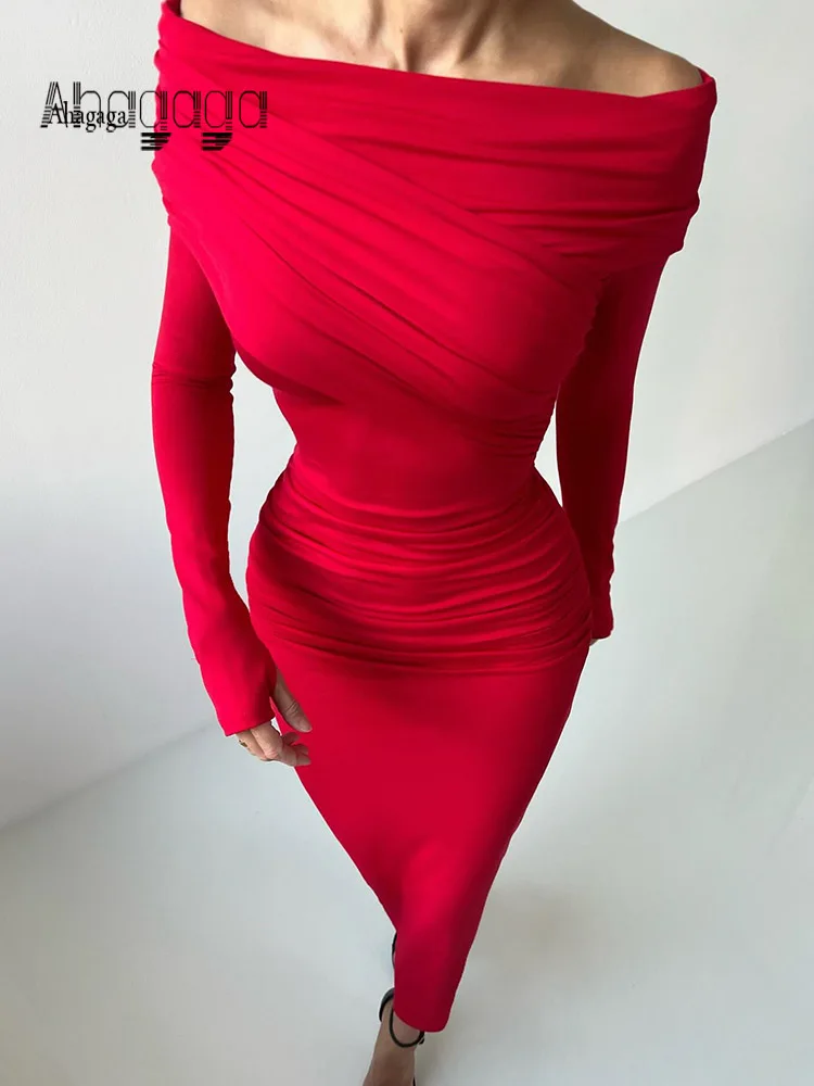 

Ahagaga Elegant Fashion Sexy Maxi Dresses Streetwear Off Shoulder Casual Long Sleeve Slim Bodycon Party Vestidos Robes Female