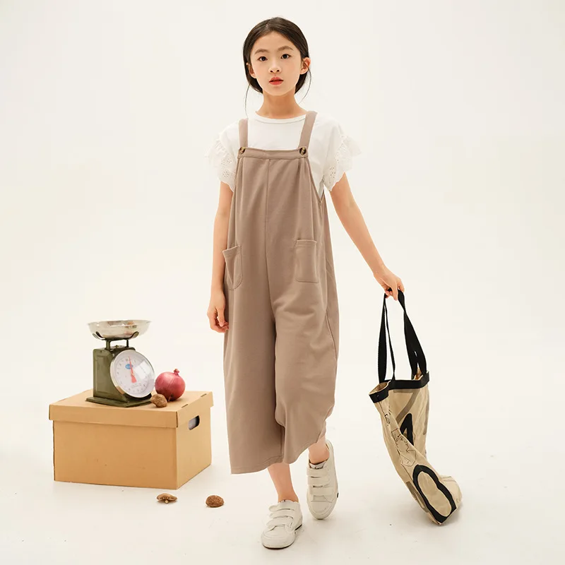 

JUCPKID 2024 Korean Summer School Girl 2PCS Clothes Set Children Girl Lace Short Sleeve Tops+Suspender Pants Set For Girls