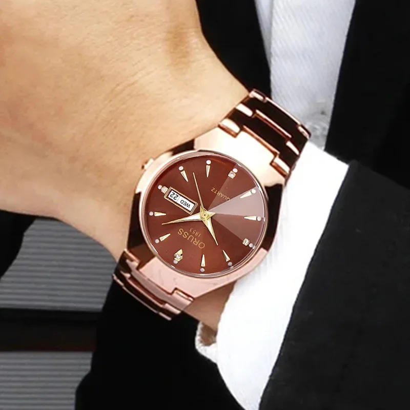 ساعة رجالية من العلامة التجارية الأعلى من ORUSS عالية الجودة من الفولاذ المقاوم للصدأ مقاومة للماء ومؤشر مضيء وتقويم أسبوعي للرجال ساعة يد كوارتز أصلية