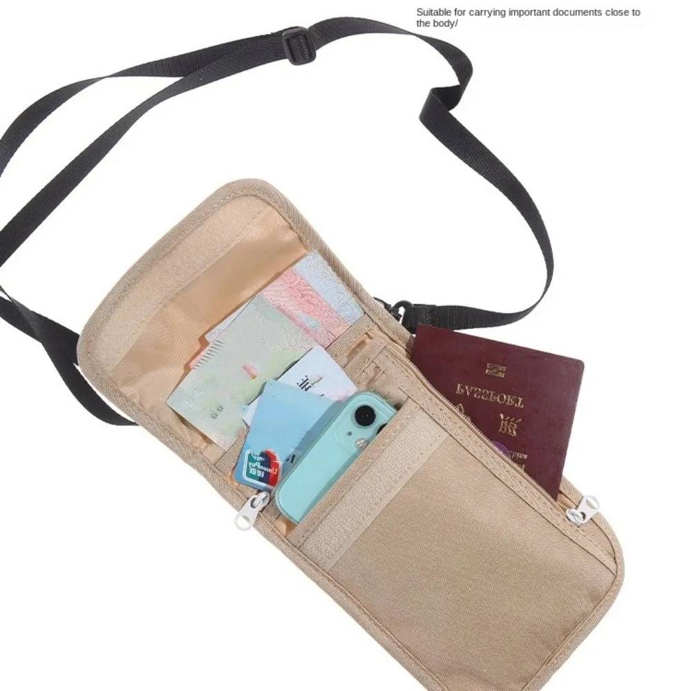 Accesorios de viaje Cartera de viaje Porta billetes de nailon Bolsa de viaje para el cuello Cremallera Caqui Negro Porta pasaporte familiar Tarjeta de crédito