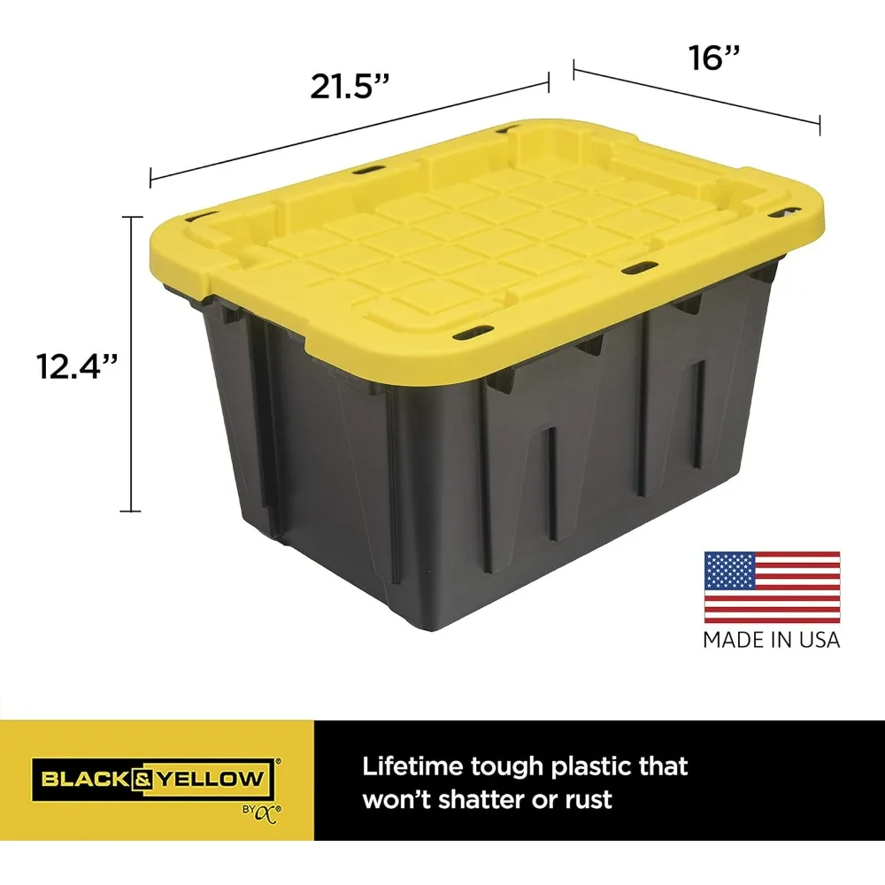 CX Black & Yellow 12-Gallon Heavy Duty Storage Bins with Lids 4 Pack Stackable Plastic Storage Containers Weather-Resistant Home