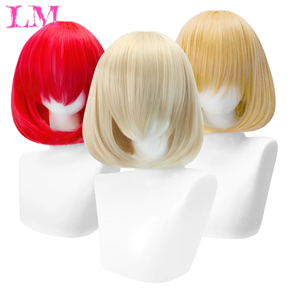 Синтетический парик LM Короткий платиновый блондин Ombre Волнистый парик Темные корни с челкой для женщин Длина плеч Естественный вид Ежедневное использование