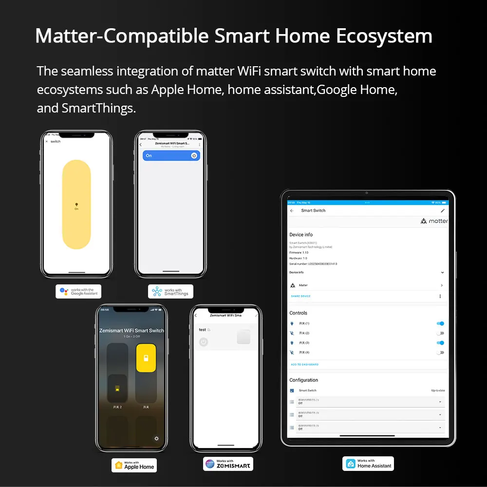 Zemismart Matter WiFi EU DIY Name Switch with Display Screen Works with Homekit SmartThings Home Assistant Google Home