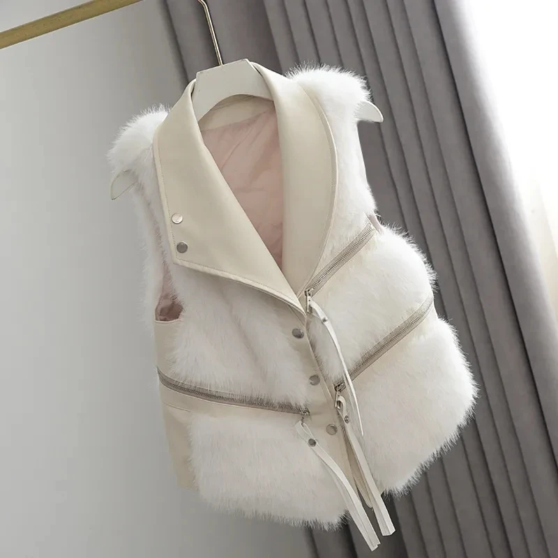 2025 Chaleco de piel nueva para mujer, abrigo de hierba de piel de zorro de imitación empalmado de estilo corto, chaleco de piel Artificial, abrigos, chaquetas cálidas para mujer