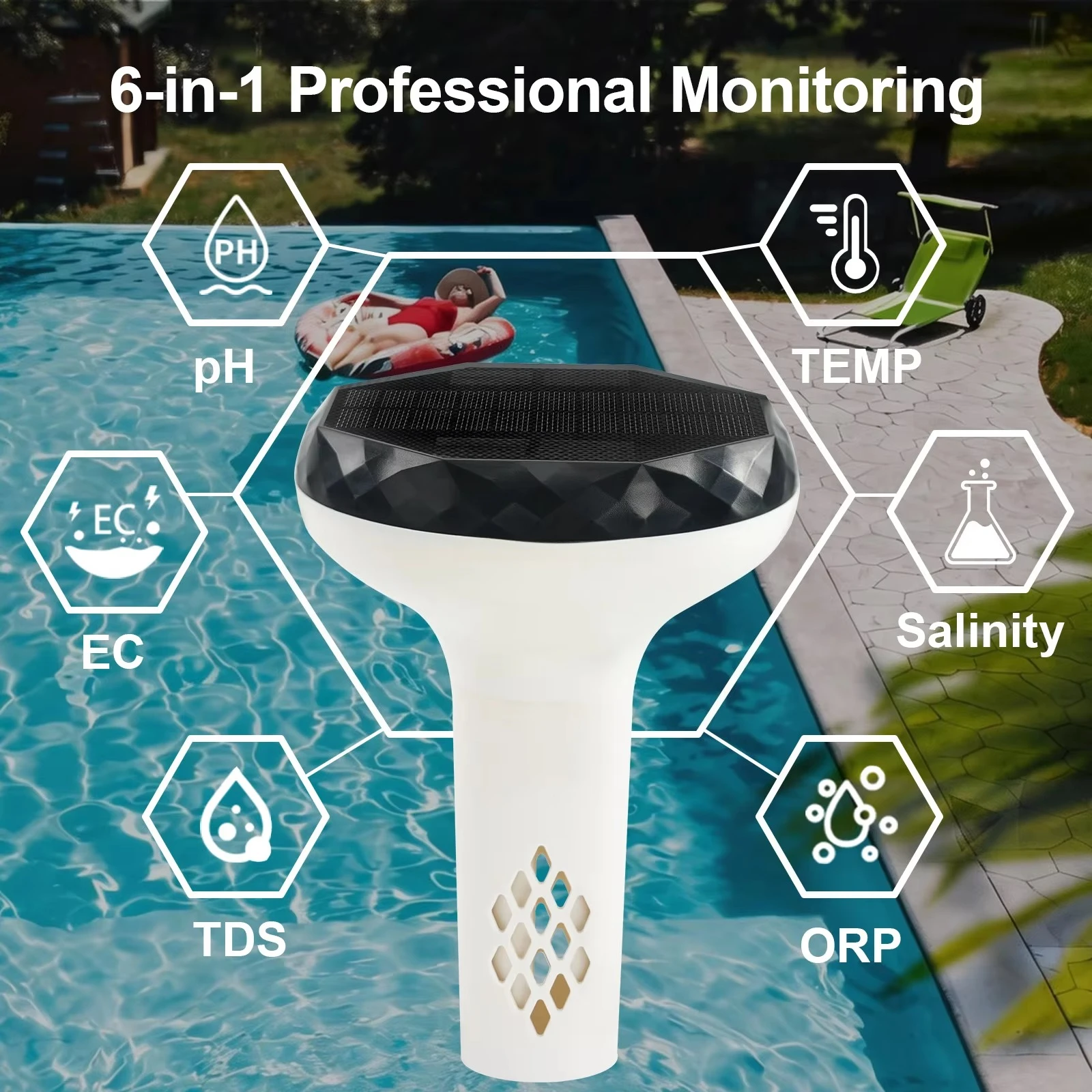 24-Hour Real-Time Wifi Graffiti Solar 6 + 1 Temperature Water Quality Tester PH/ORP/EC/TDS Tester for Saltwater Pools and Ponds
