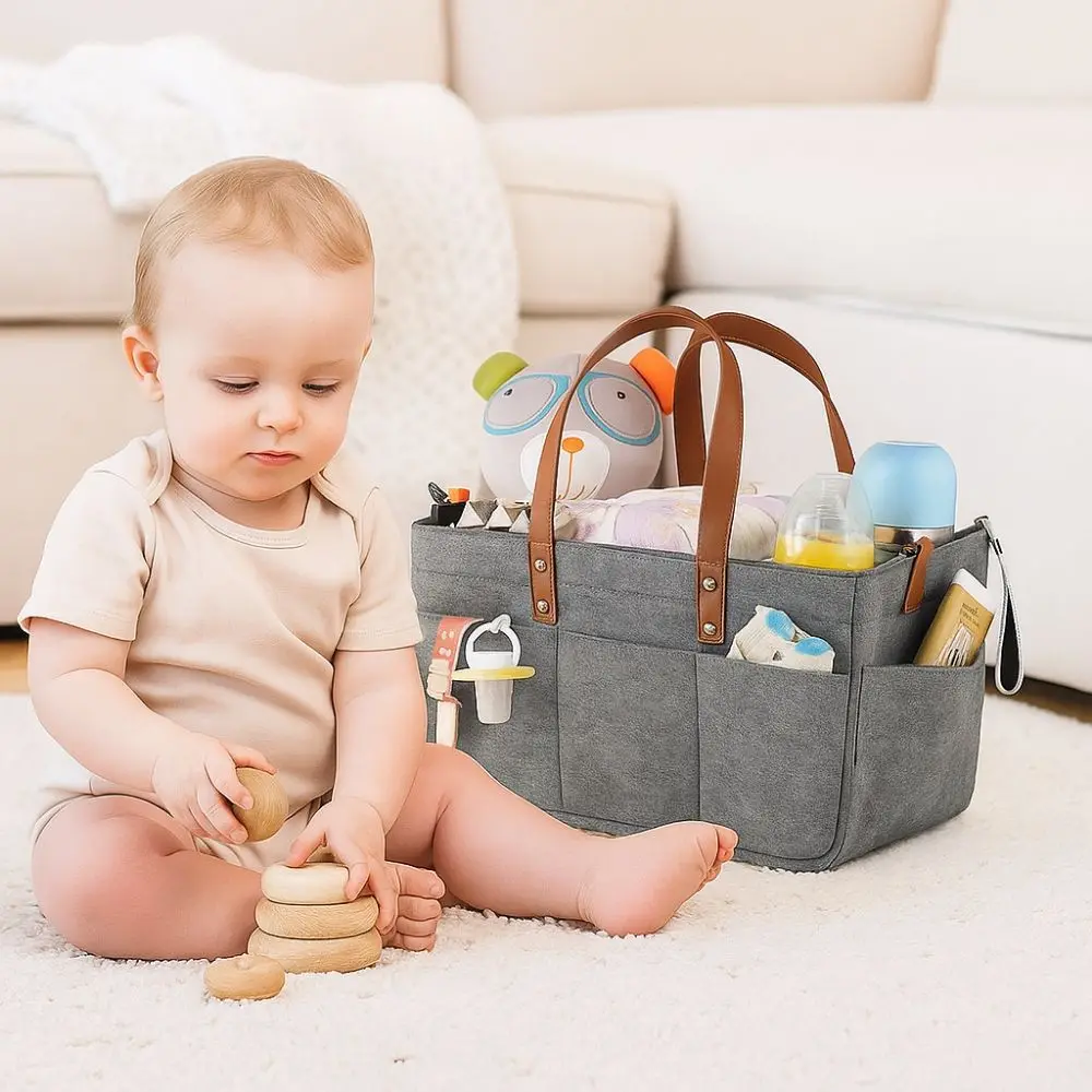 Simple Large Capacity Felt Diaper Storage Bag Portable with Handle Infant Diaper Bag Foldable Mummy Bag for Home