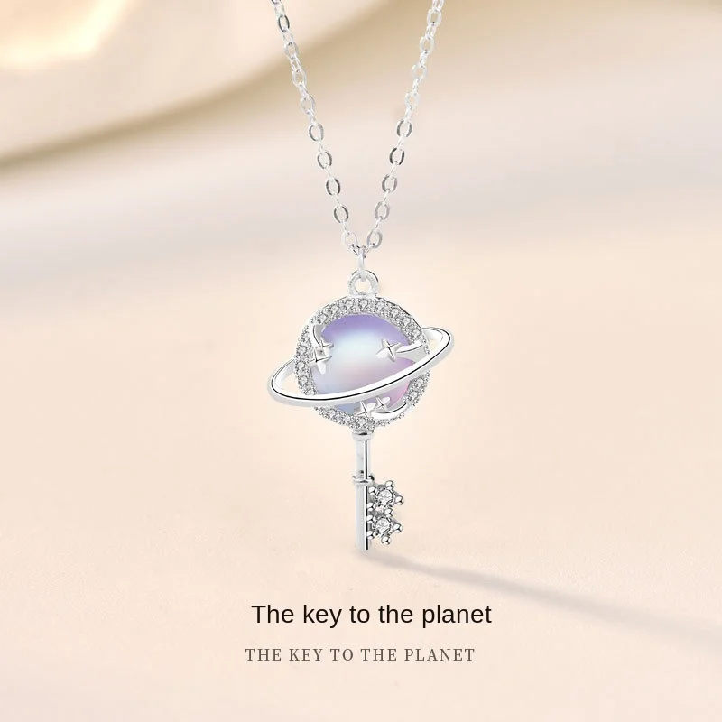 

S925 Sterling Silver Fashion Exquisite Girl Aurora Planet Key Necklace Premium Key Moonstone Pendant Clavicle Chain