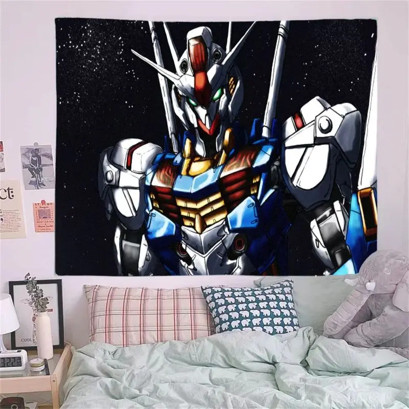 1PC Gundam-Style Futuristic Robot Tapestry Starry Night Sky White Blue Red Metallic Mech Wall Art Decor for Bedroom Living Room