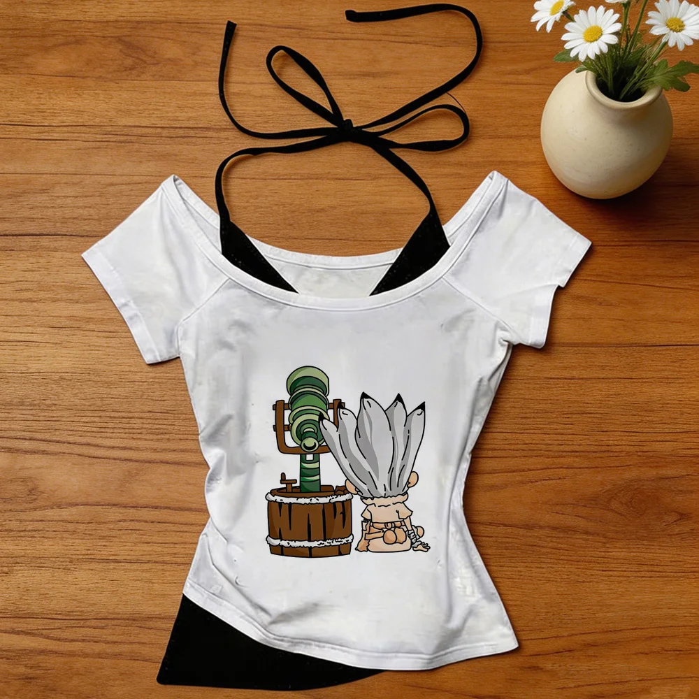 Dr Stone crop top female jojifuku scene  baddie vintage korean fashion t shirt clearance sales anime japanese