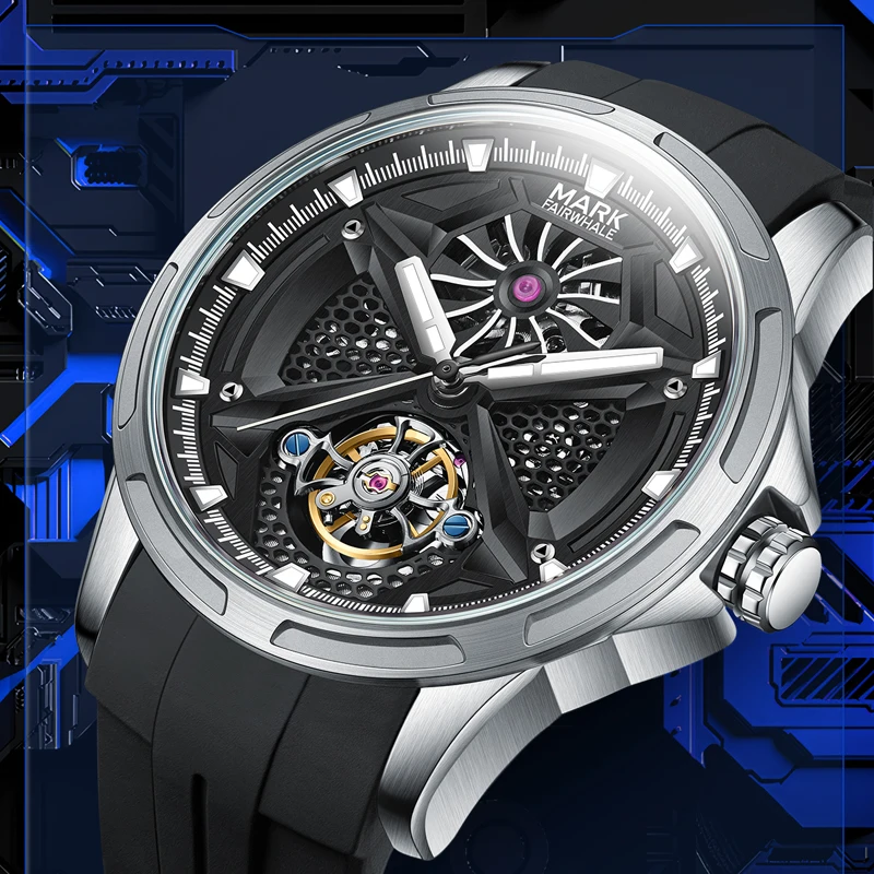 マークフェアホエールメンズ自動巻きトゥールビヨンウォッチスポーツラバーストラップ防水ファッション機械式時計