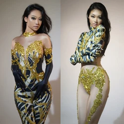 New Halloween Dj Ds Pole Dance Clothing Gold Rhinestones Stretch Jumpsuit Gloves Stage Gogo Dancer Costumes Drag Queen Outfit