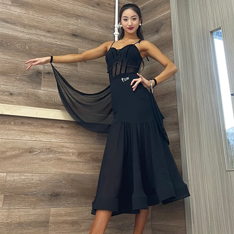 New Ballroom Dance Competition Dress Women Sexy Black Mesh Tops Skirt Adult Waltz Modern Dance Costume Practice Clothes DNV18029