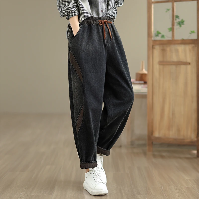 Retro Patchwork Waed Pantaloni in denim casual Elastico in vita con cintura Jeans larghi da donna Bla Cotton 00% Autunno New Sle