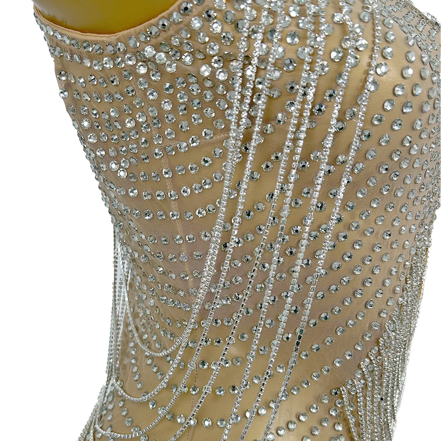 ชุดมินิเดรสตาข่ายซีทรูประดับพู่และคริสตัลวิบวับ สำหรับงานแสดงโชว์ ปาร์ตี้ไนต์คลับ การแสดงบนเวที ชุดเต้นเซ็กซี่ Wanyueliusu