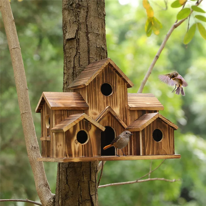 Pendurado Casa De Pássaro De Madeira Para Exterior, Decorações Do Quintal, Pátio, 6 Buraco