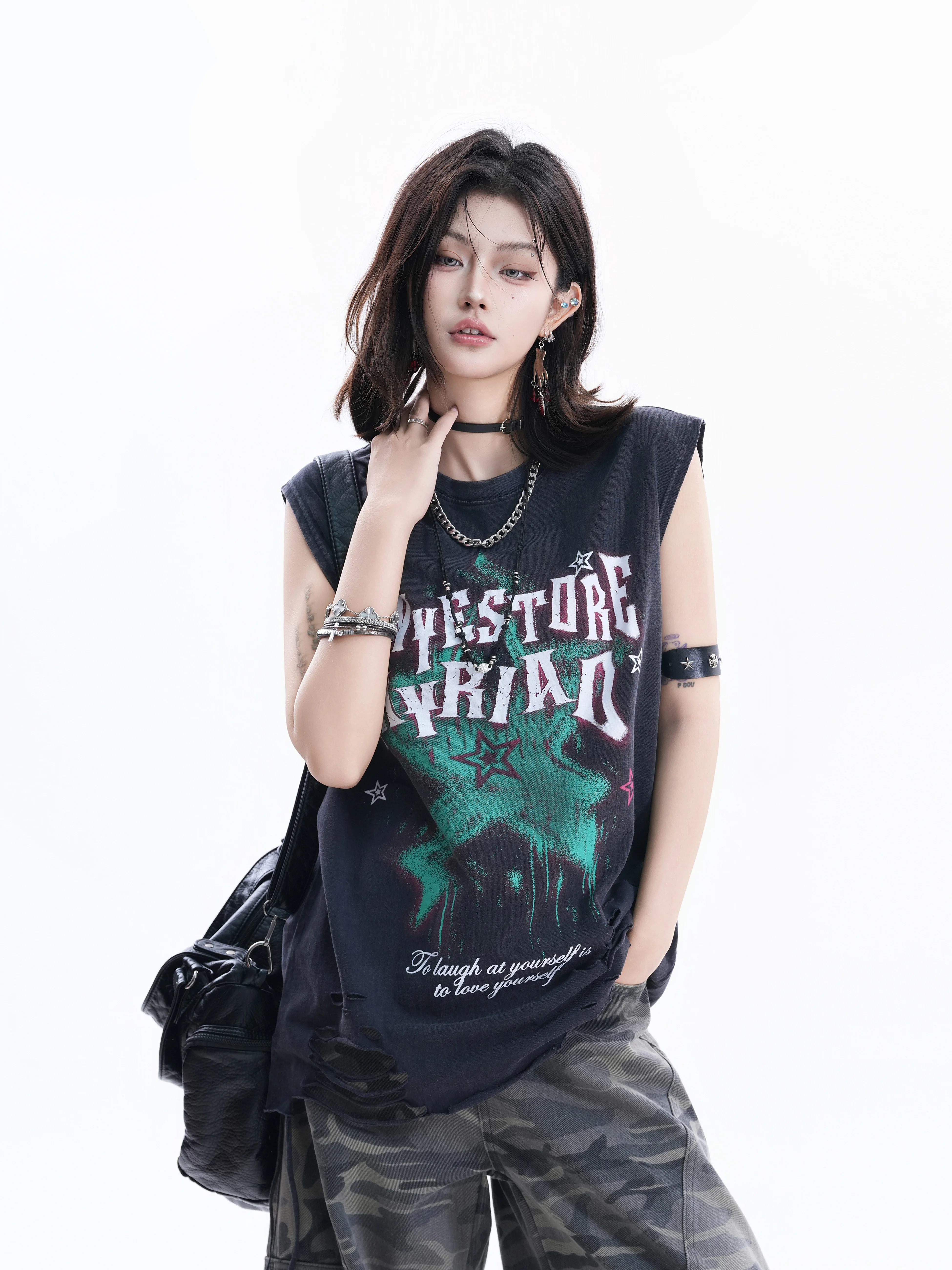 Small Ball American Gothic Star Sleeveless Vest Women's Loose Fit Hole Letter Print Street Couple Top Cotton round Neck
