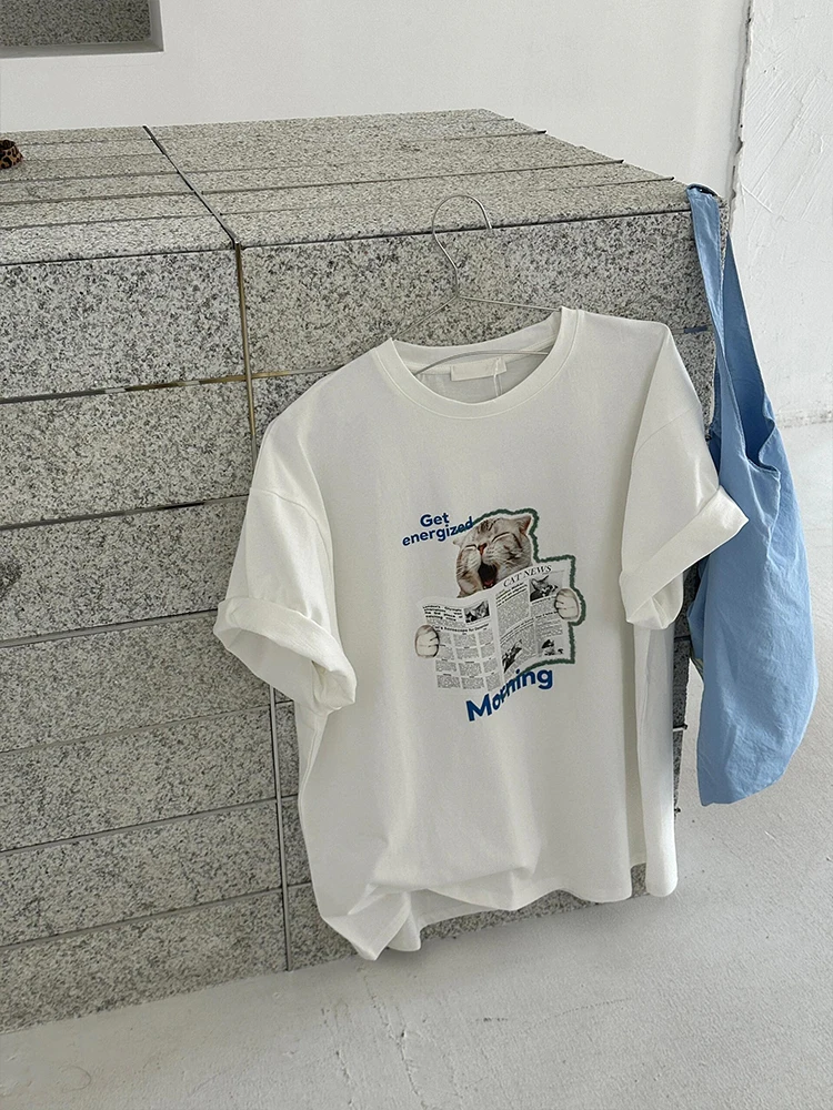 Loose American Sle  Newspaper Print Summer T-irt Women's Faion Casual round Ne ort Sve Top Dongda Gate 2025