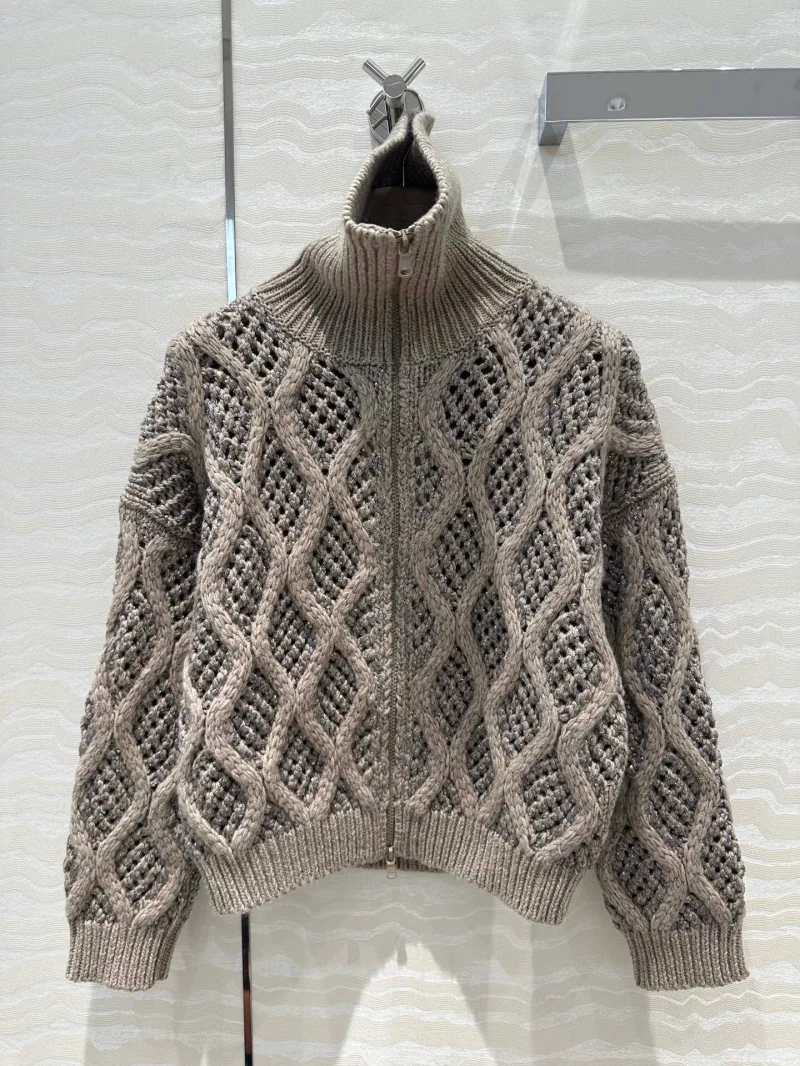 Women's Long Sleeve Cardigan Cashmere Jacket, Stretch Knit, Y2K Sweater, Heavy Duty Beading, 2024 Fall New Top