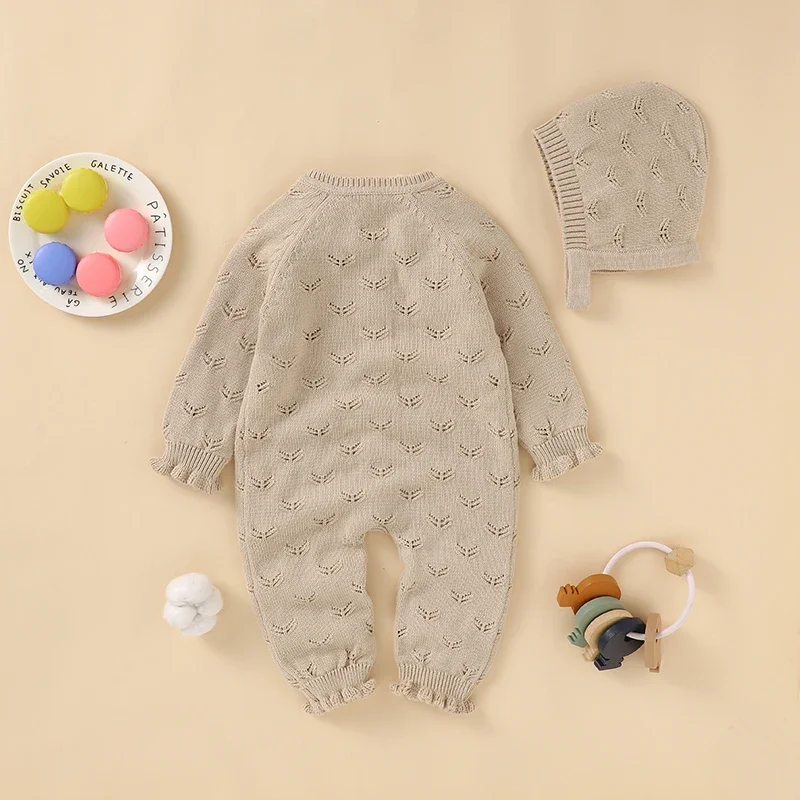 Autumn Baby Romper Knit 100%Cotton Infant Kid Solid Ruffle Playsuit Hat 2PCS Clothing Newborn Girls Jumpsuit Outfits Long Sleeve