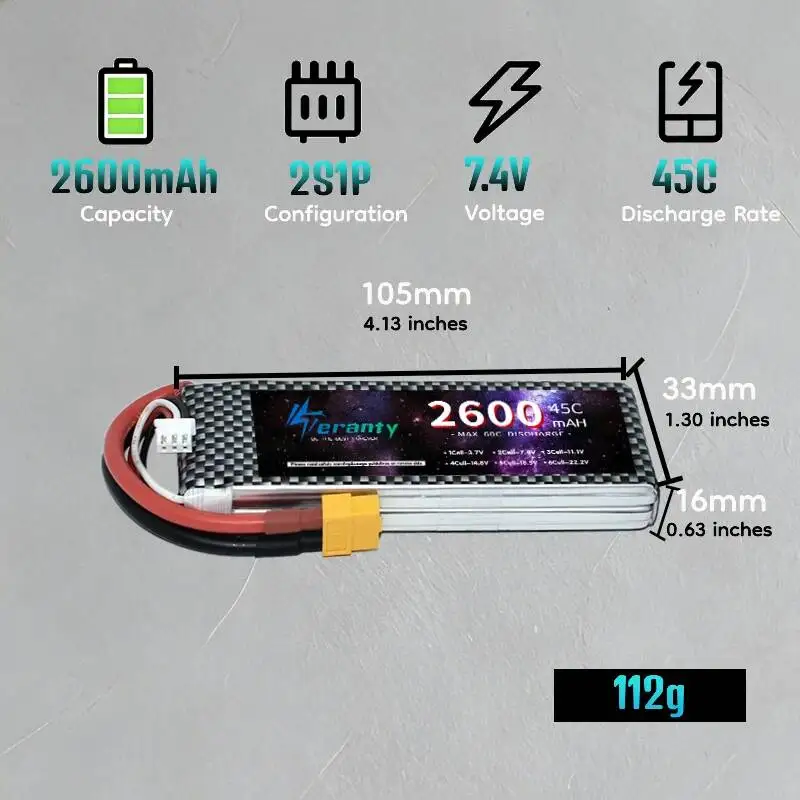 1-4Pcs Teranty 2S 7.4V 2600mAh 45C/60C Lipo Battery with T XT60 XT30 JST For FPV Drone Helicopter RC Car Truck Boat Airplane