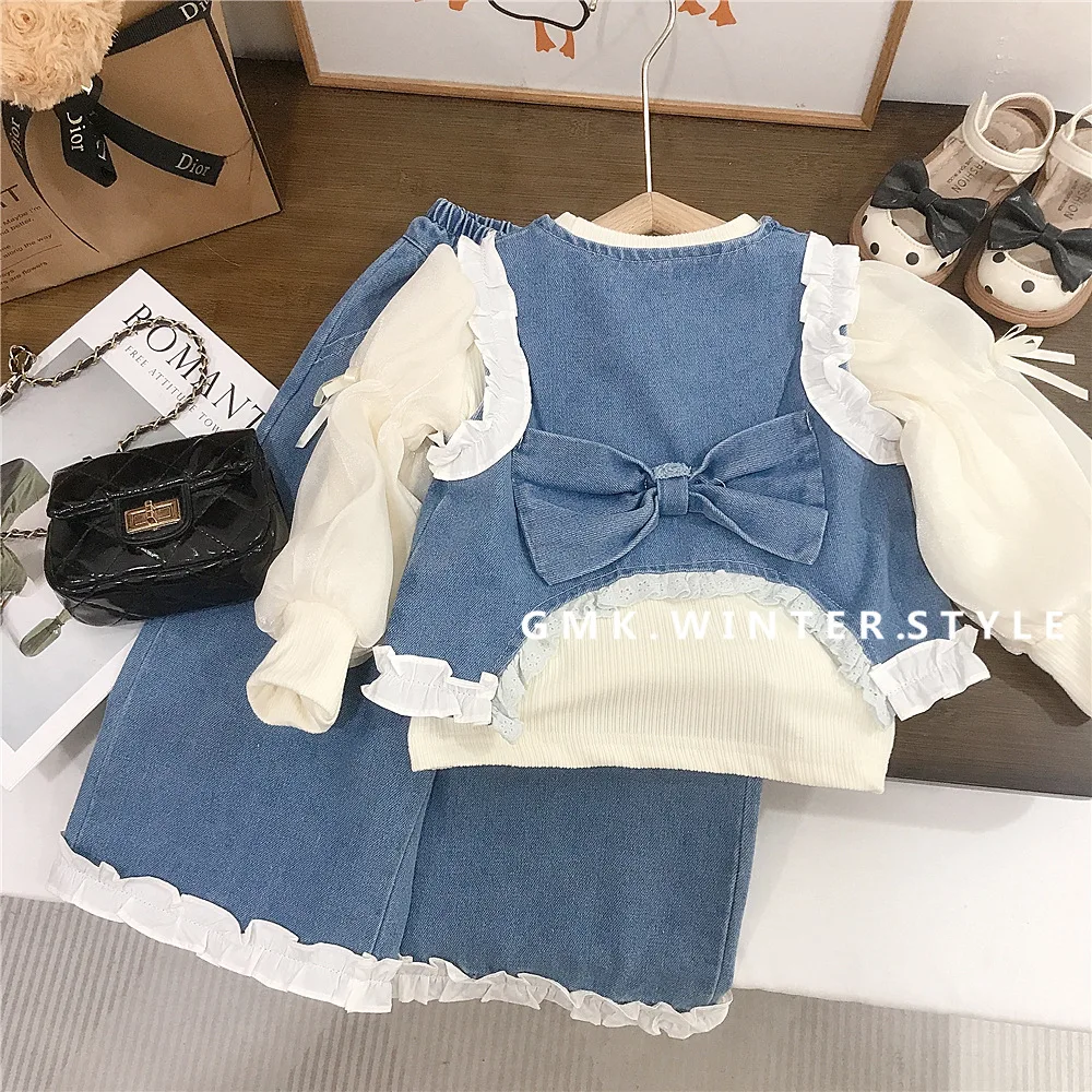 New Fashion Lace Denim Suit for Girls Spring and Autumn Cute and Trendy Three Piece Set for Baby Girls