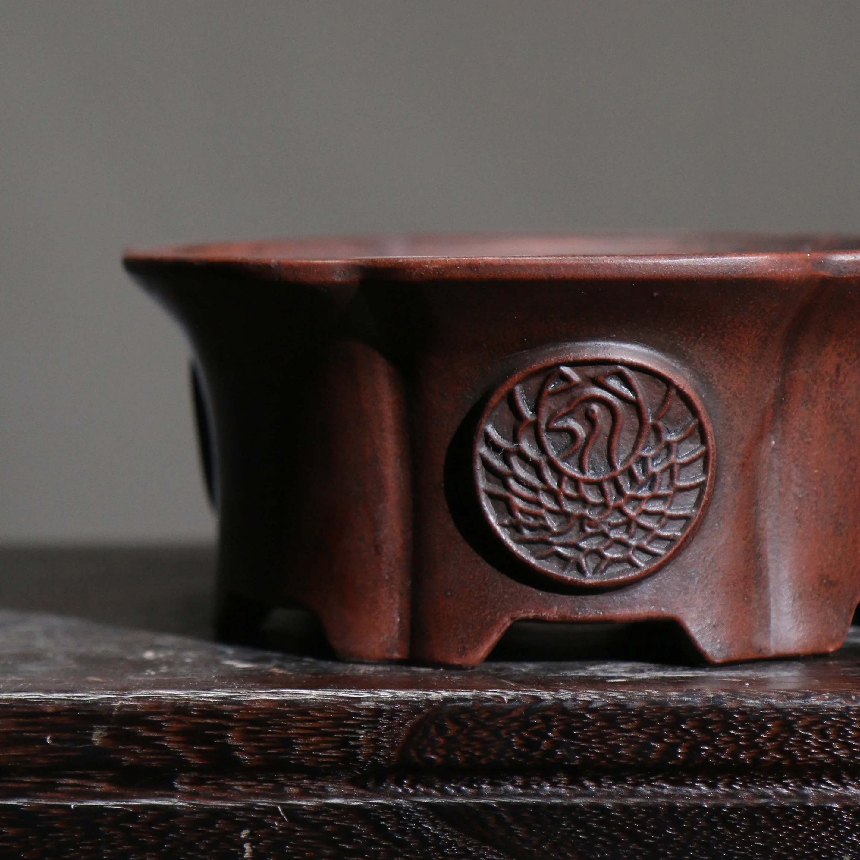 yesPurple Sand Round Circle Bonsai Pot Vase Tradition Chinese Carved Room Table Garden Decoration