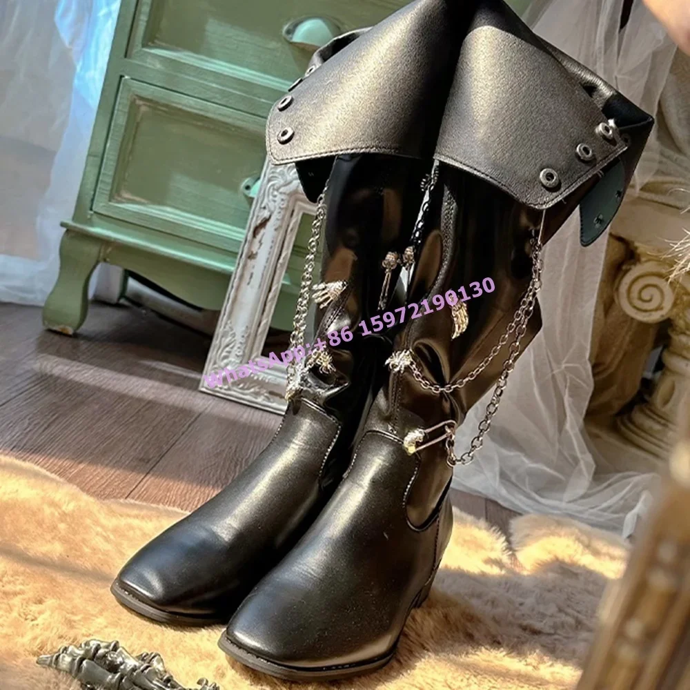 

Metal Chain Metal Punk Boots Black Square Toe Chunky Heels Sewing Hotties Retro Knight Boots Women's Dark Style Winter Shoes