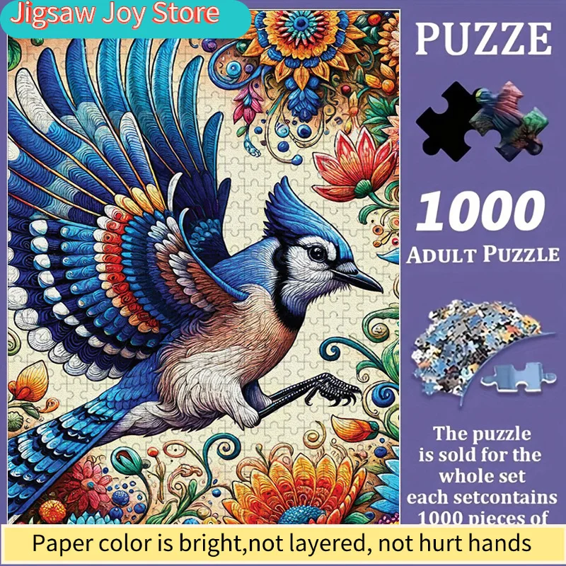 

Colorful Blue Jay Bird Jigsaw Puzzle, Family Interaction & Fun Gift, Vibrant Abstract Design, Floral Bird Pattern Challenging