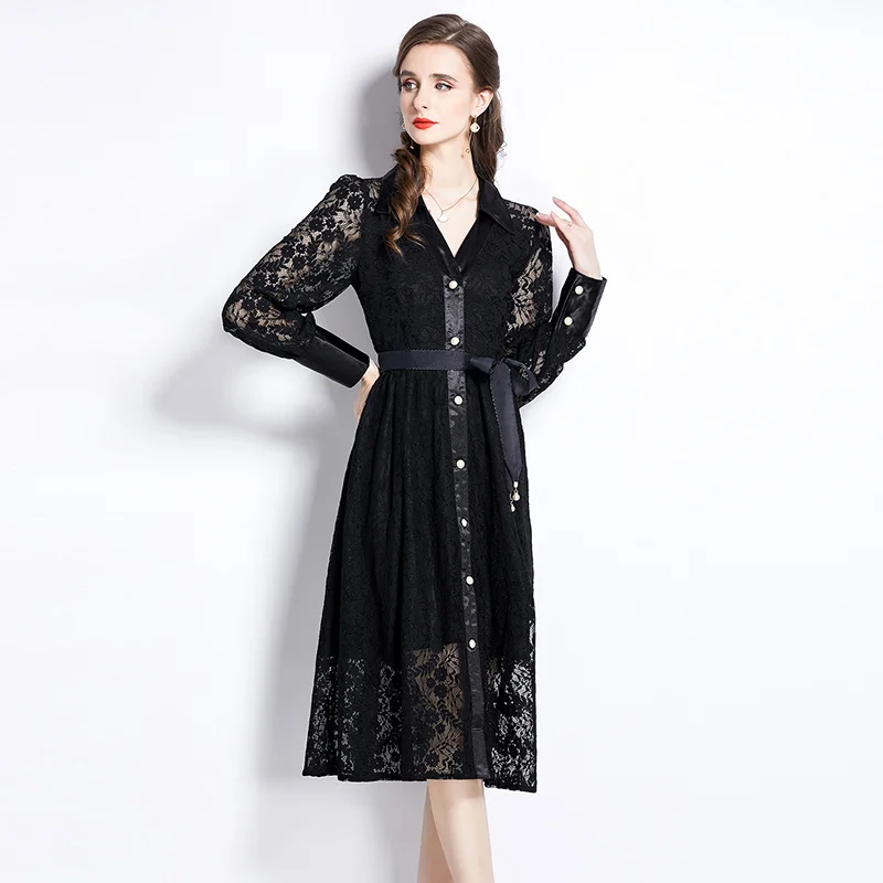 Spring/Summer Light Mature Style Long Sleeve V-Neck Single Breasted Lace Dress Women's Elegant Temperament Lage Swing Long Skirt