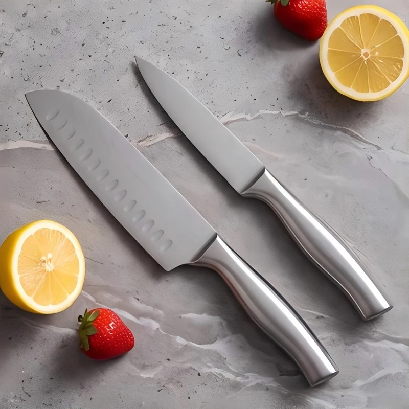 Professionelles Messerset aus Edelstahl mit Damaszener-Lasermuster, Scharfe Kochmesser, Santoku-Messer, Brotmesser, Allzweckmesser und Küchenschere – Detail 10