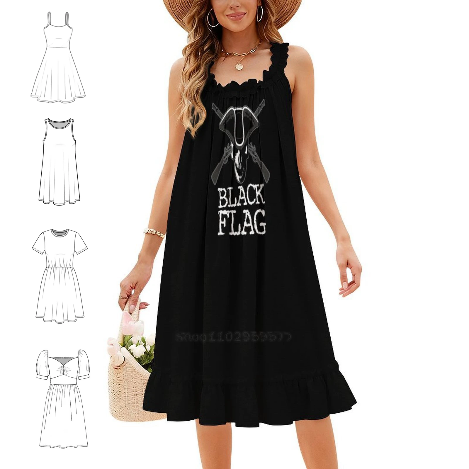 Black Flag Floral Smock Dress For Women Spring Summer Casual Dress For Party Flag Black Flag Skull Musket Weapons Womens Dresses