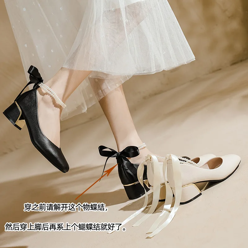 Big Size 35-42 43 Women Leather Med Heel Pumpes Lady Mary Jane Shoes Square Toe Sweet Lolita Shoes Pearls Chain Silk Ribbon Bow