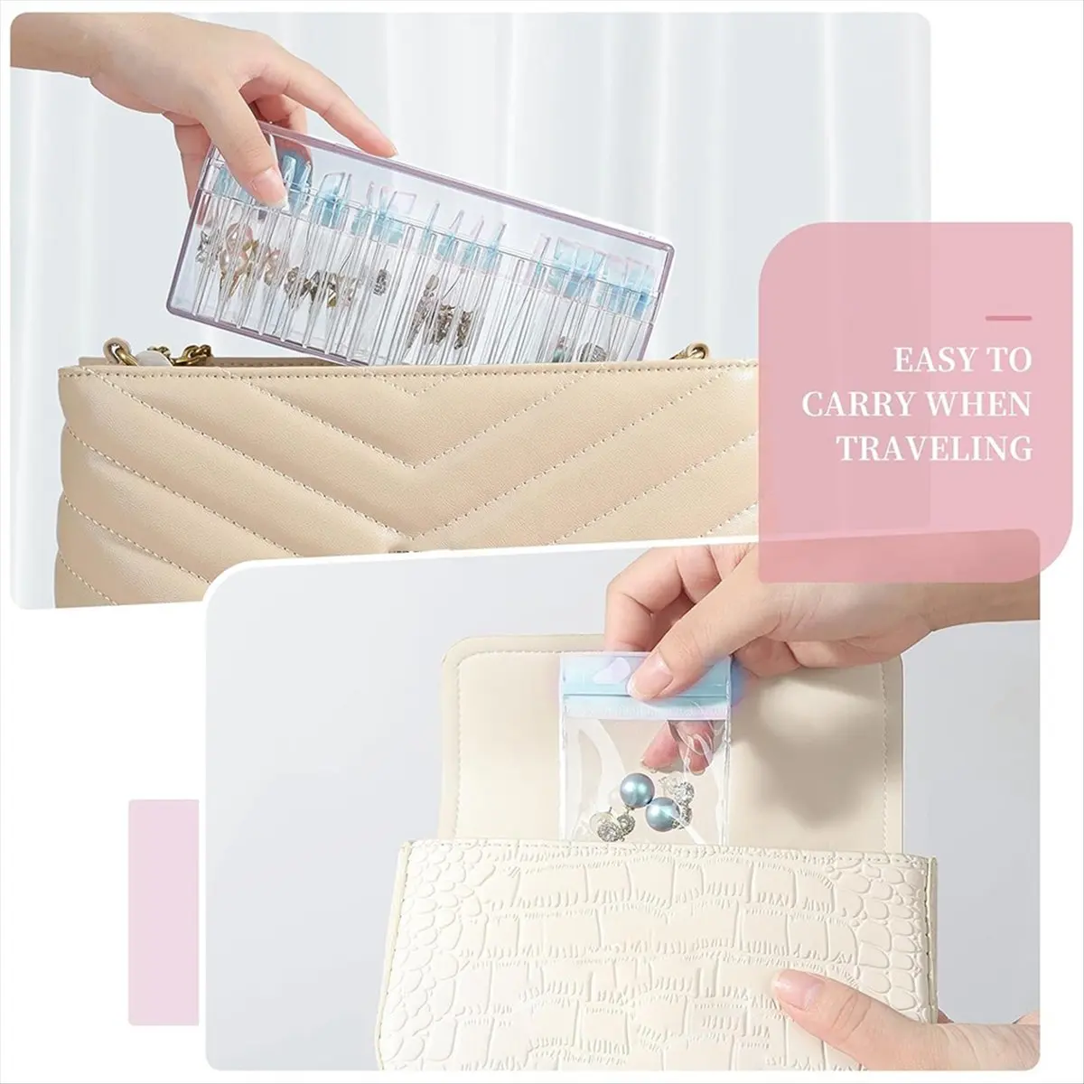 ABFW Acrylic Jewelry Box,Clear Jewelry Organizer with 20 Portable Anti Oxidizing Zipper Bags,Travel Jewelry Case Blue