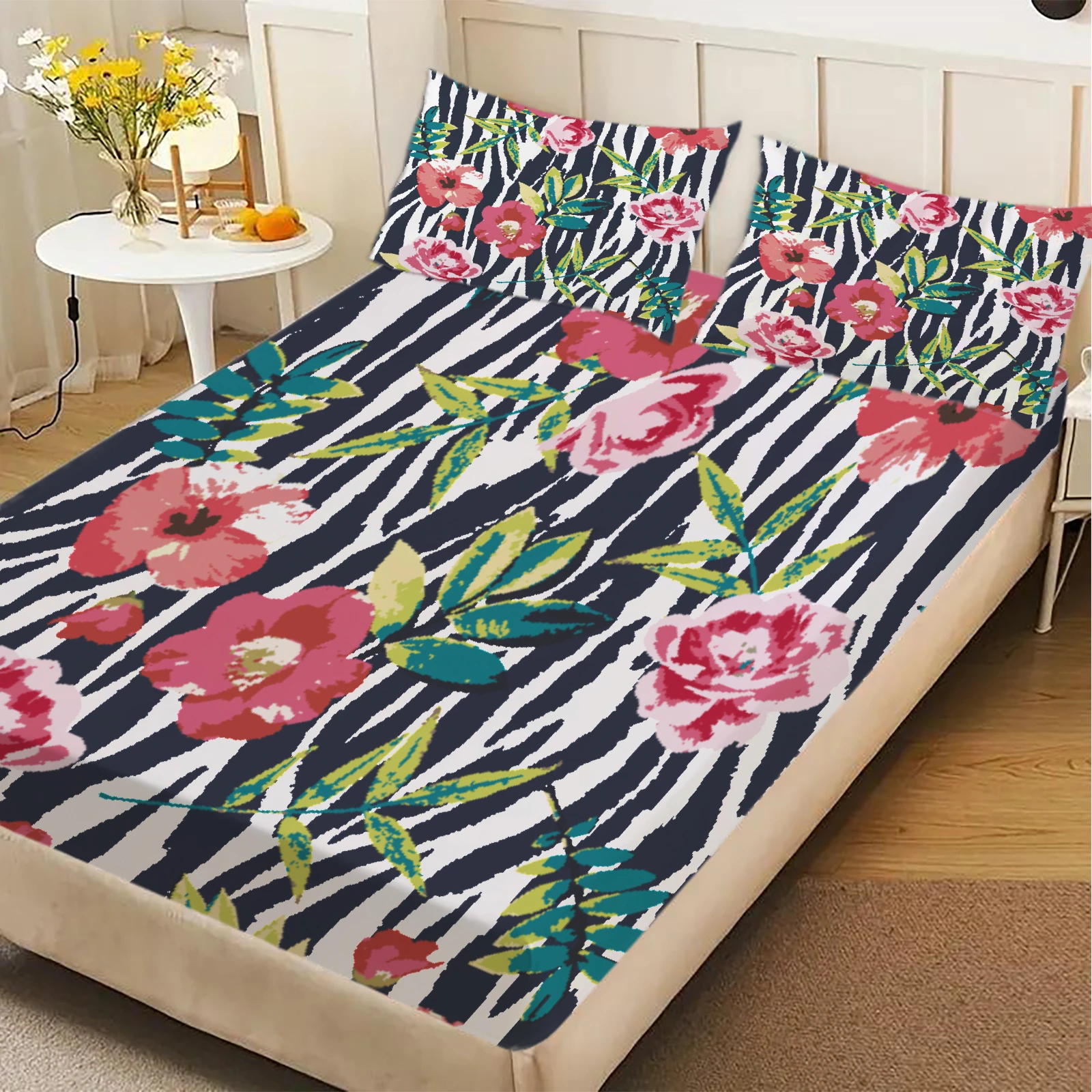 3pcs Fitted Sheet Set Zebra Stripes Pink Flowers Green Leaves Bed Sheet With Pillowcases For Bedroom Decor