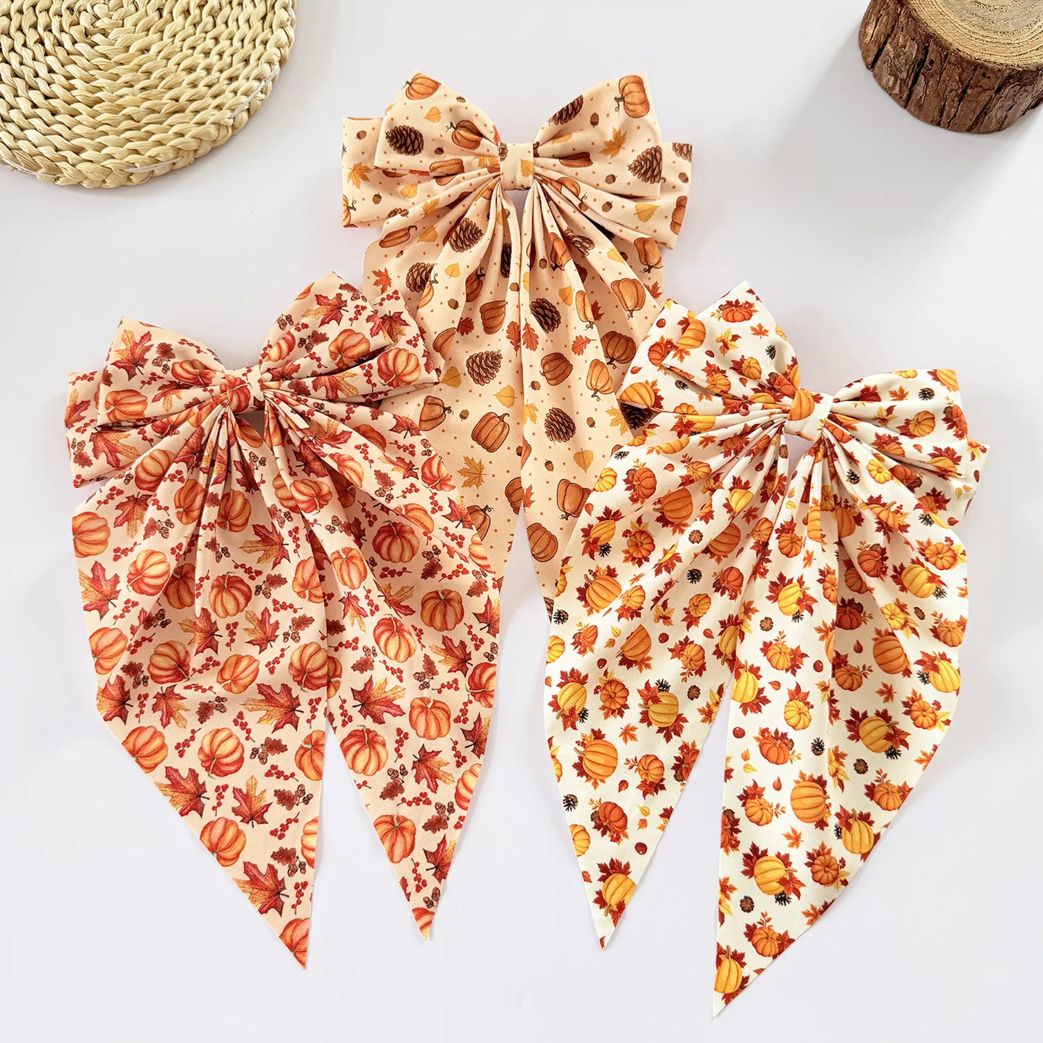 New Pumpkin Maple Leaf Printed Large Bow Hair Clip Autumn Harvest Festival Long Ribbon Spring Clip Thanksgiving Hair Accessories