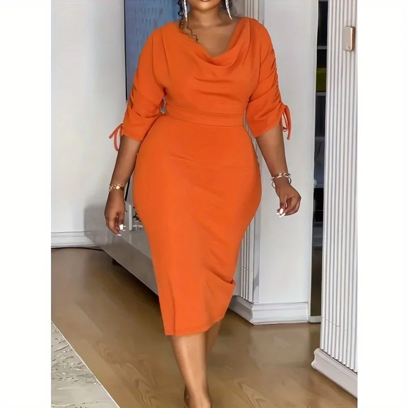 

Orange Half Sleeves Pile Neck Drawstring Slit Wrap Dress Formal Evening Party Pleated Fitted Midi Dress