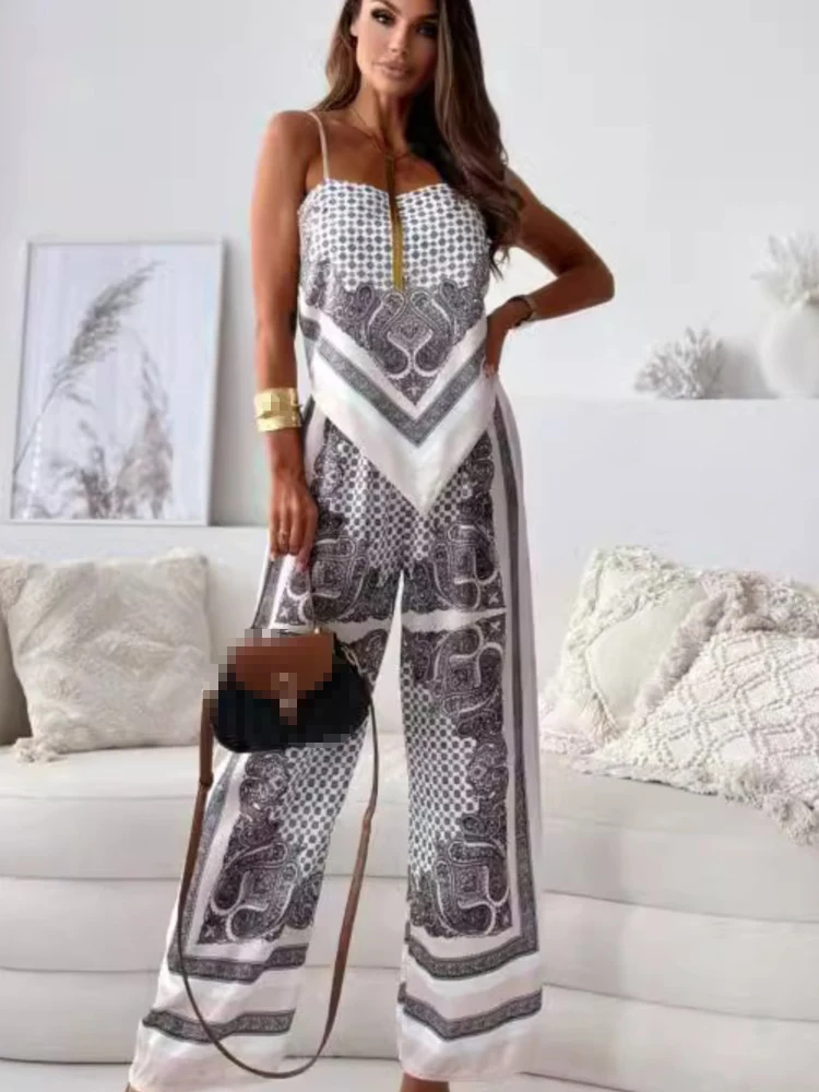 Fashion Boho Print Two Piece Sets Summer Women Sexy Backless Chest Wrapped Sling Lace Up Top + Wide Leg Pants Casual Set Outfits