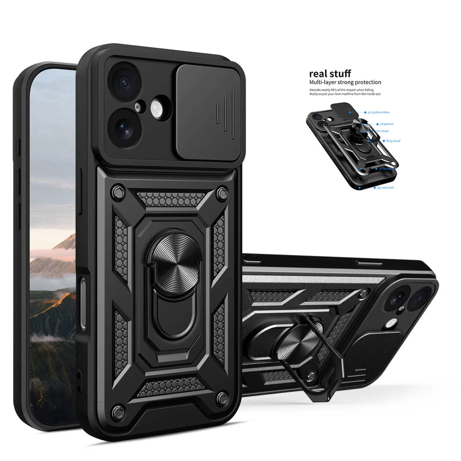 آيفون 16 15 14 برو ماكس زائد حامل حلقة مدرعة آيفون 17 16E مع الكاميرا الخلفية الغطاء الواقي جراب هاتف