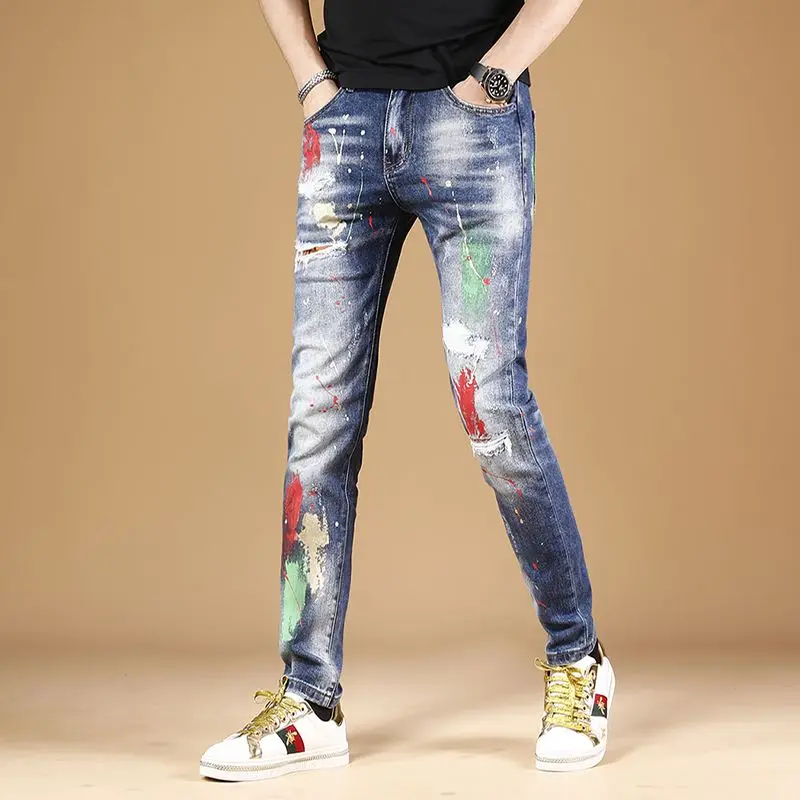 

2022 New Printed Jeans Men's Fashion Brand European and American Slim Fit Feet Retro Men's Casual Versatile Elastic Pants