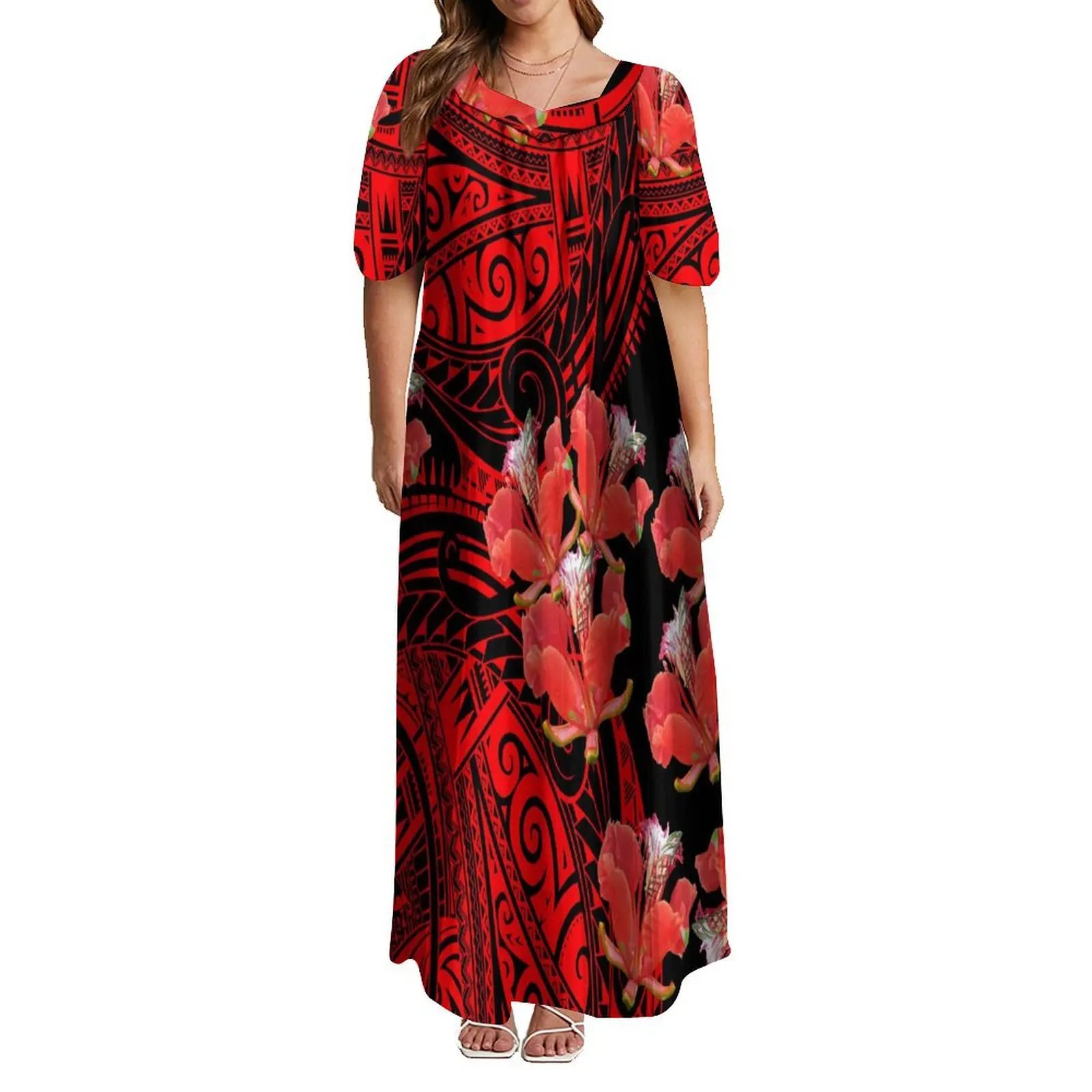 2024 New Samoa Fashion Women'S Feature Women'S Temperament Bubble Sleeve Dress Hawaiian Maxi Dress Polynesian Fiji Tribe Custom