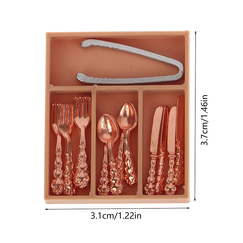 1Set 1:12 Casa delle bambole Mini Coltello Forchetta Cucchiaio Pinze Da Tavola Con Scatola di Immagazzinaggio Casa Delle Bambole Forniture Da Cucina Utensili Decor Accessori