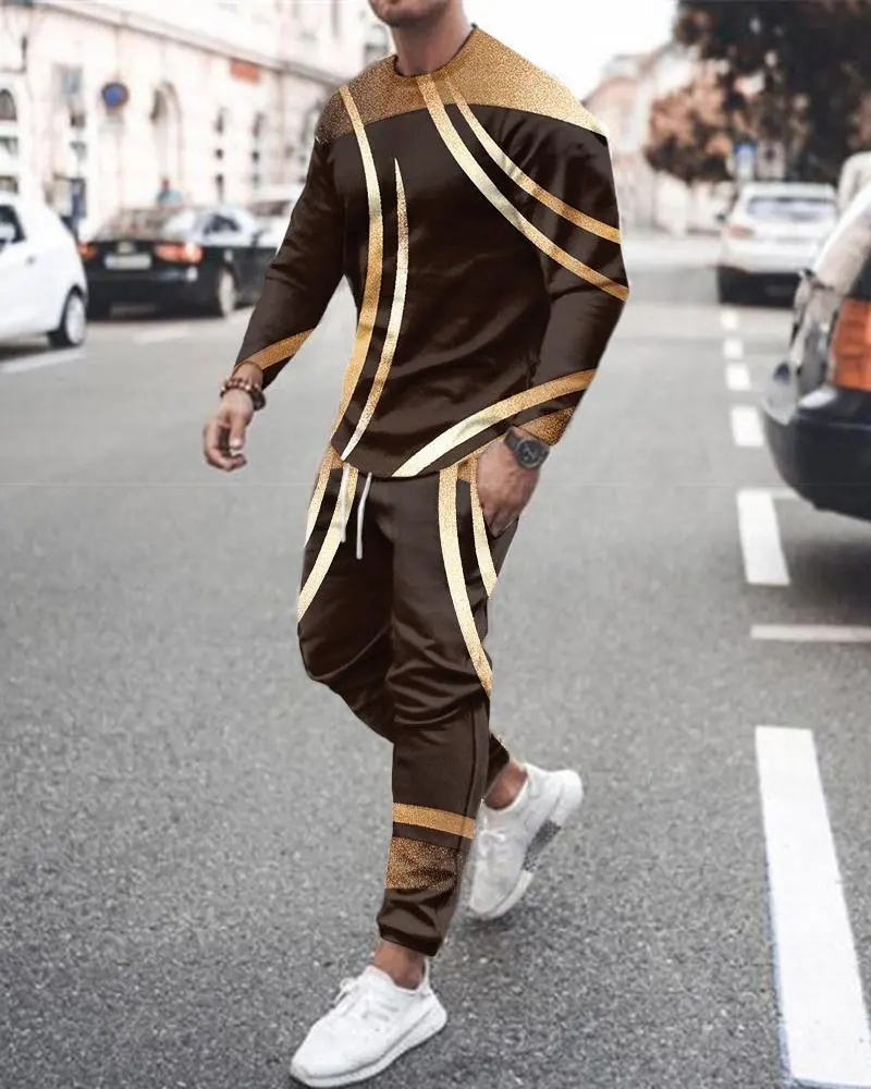 Color Block Patchwork 3D Print Men Sportswear Set Casual Long-Sleeved T Shirt Pants 2-Piece Set Oversized Pullover Men Clothing