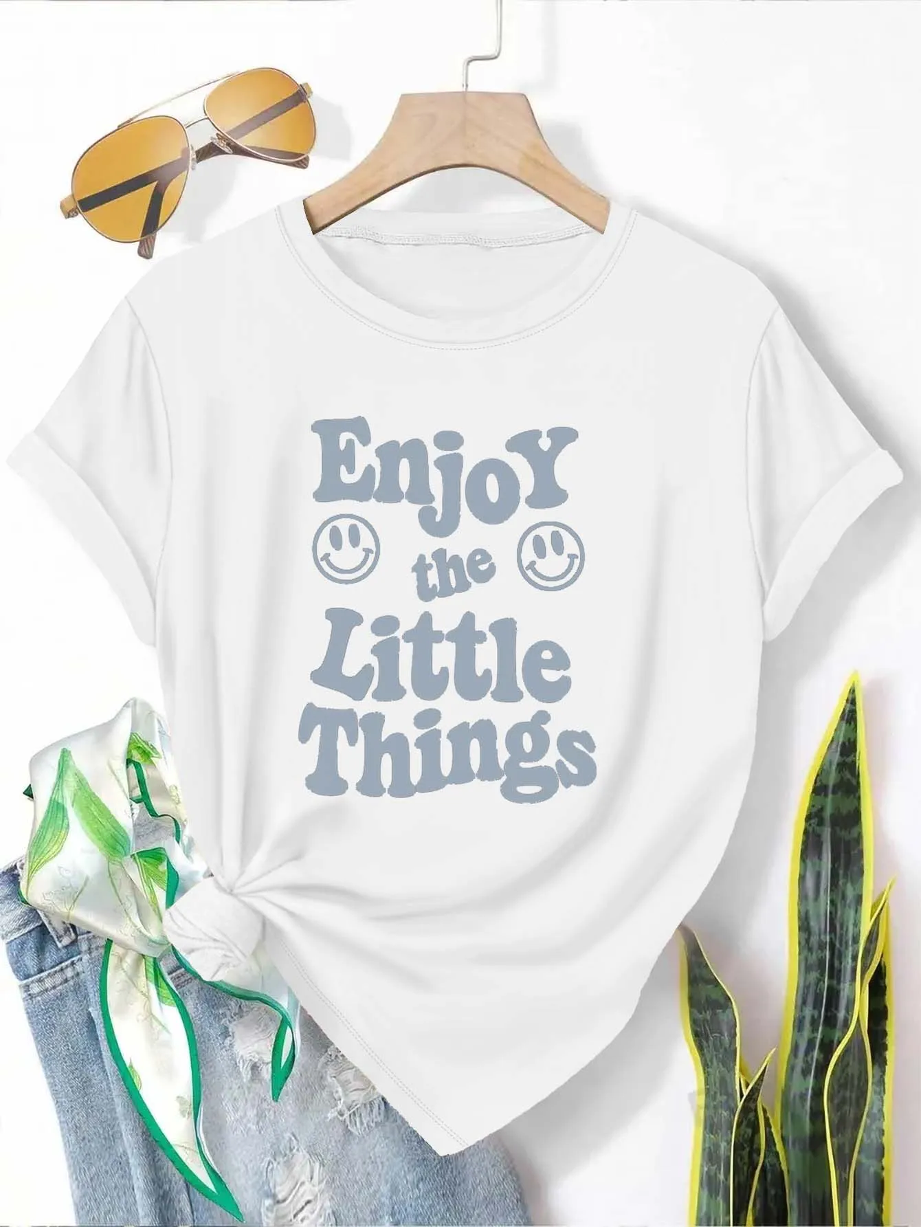 Plus Size "Enjoy The Little Things" Graphic Tee Elegant And Fashionable Top For Those Who Cherish Life's Delights