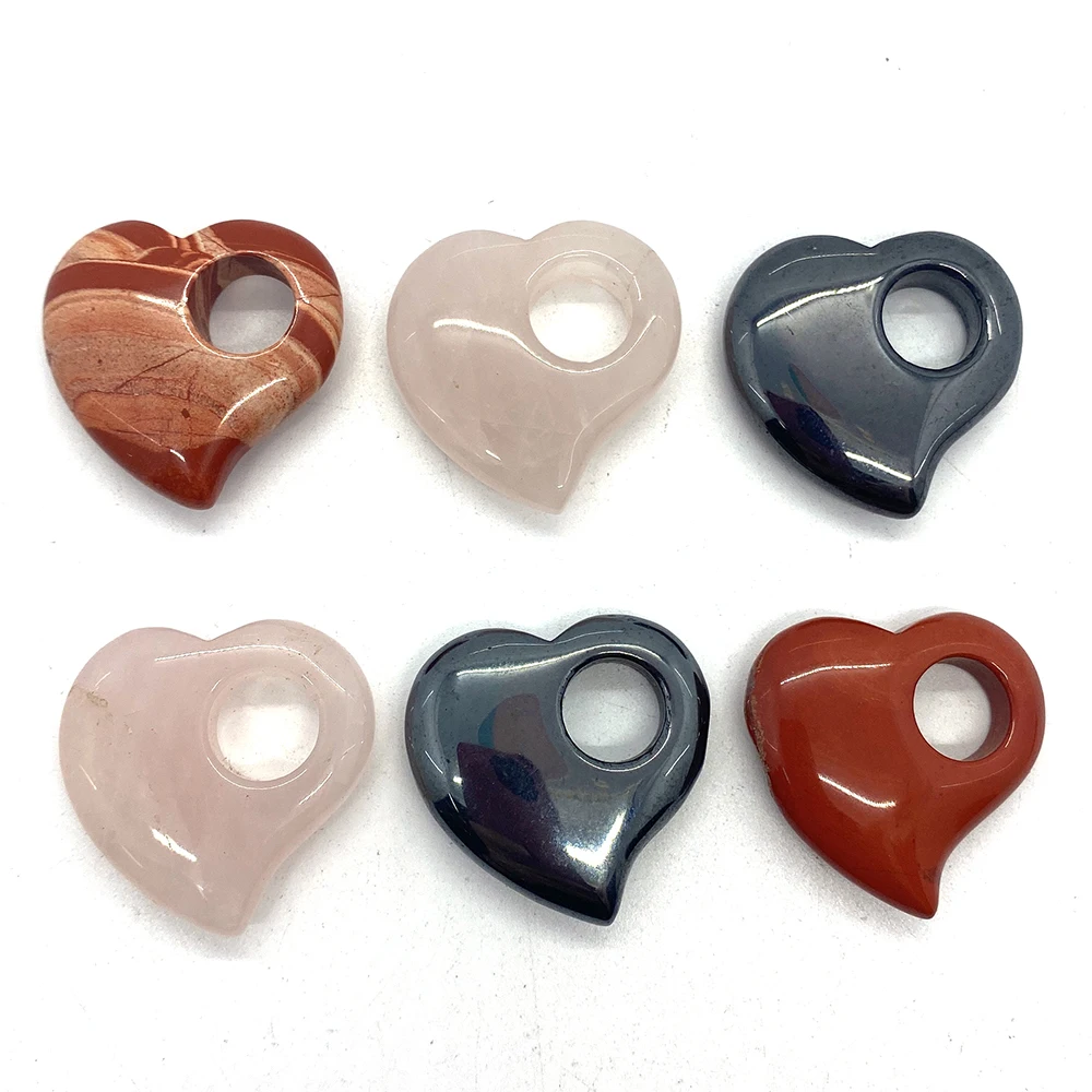 1Pc Slant Hole Heart Shaped Pendant Natural Semi-precious Stone Rose Quartz 30x30mm 3Color Jewelry Accessions Necklace for Women