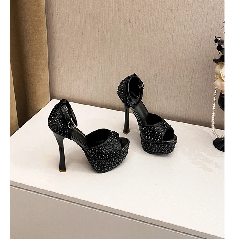 

White Heels Platform Sandals Summer Pearl Party Dress Shoes 13cm Stiletto Heeled Sandals Woman Black Shoes New Arrival 2026