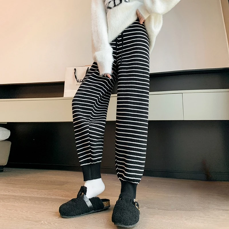 Striped Padded Knitted Pants Women's Drawstring High-waisted Loose Casual Harem Pants Japanese Style Basics Daily Pants Female